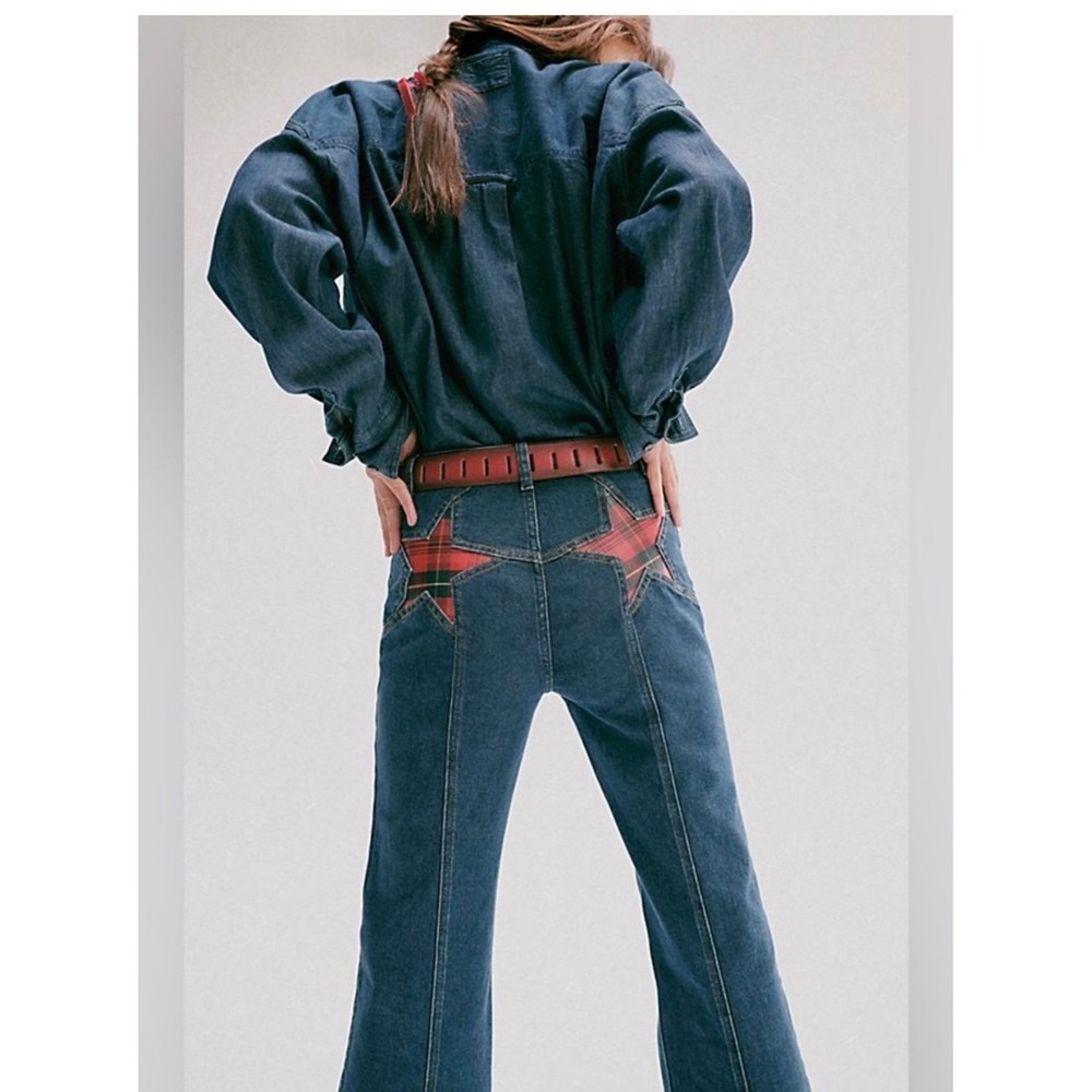 We The Free Firecracker by Free People Flare Jeans Holiday Tartan New NWT high